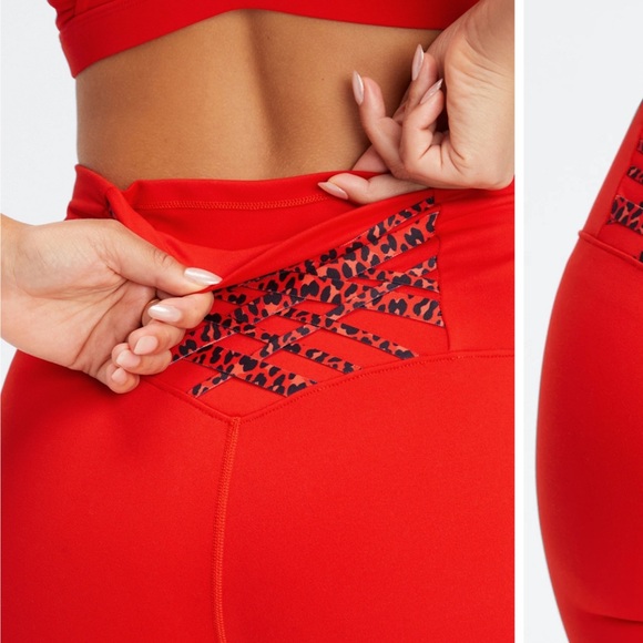 Fabletics Electric Cherry/Electric Cherry Mini Leopard Sports bra and leggings. - Picture 3 of 9